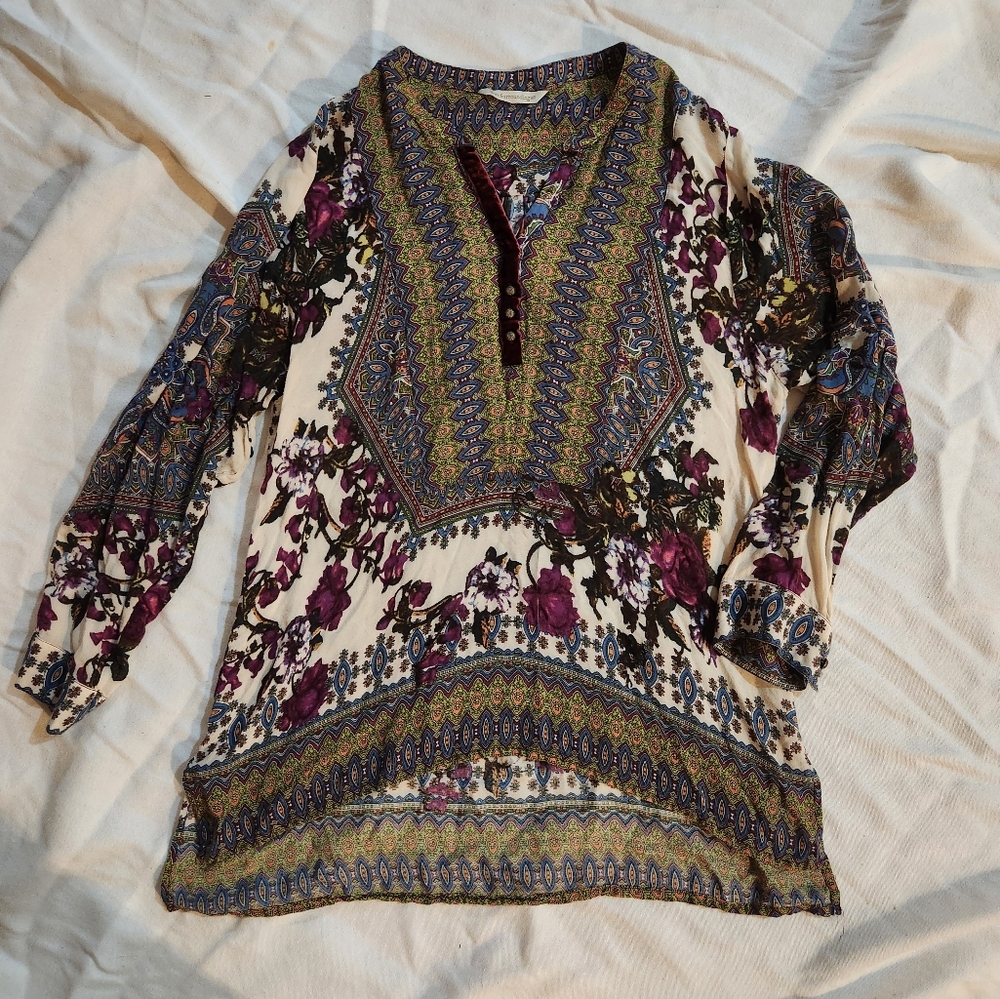 Soft Surroundings Boho Floral Tunic Women’s S | Rayon Peasant Top Flowing